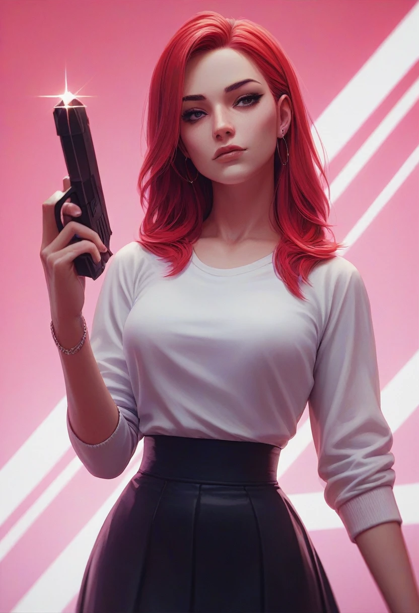 Beautiful girl in a skirt,with red hair,in neon background, holding a pistol with a silencer, 3D wallpaper for phone.