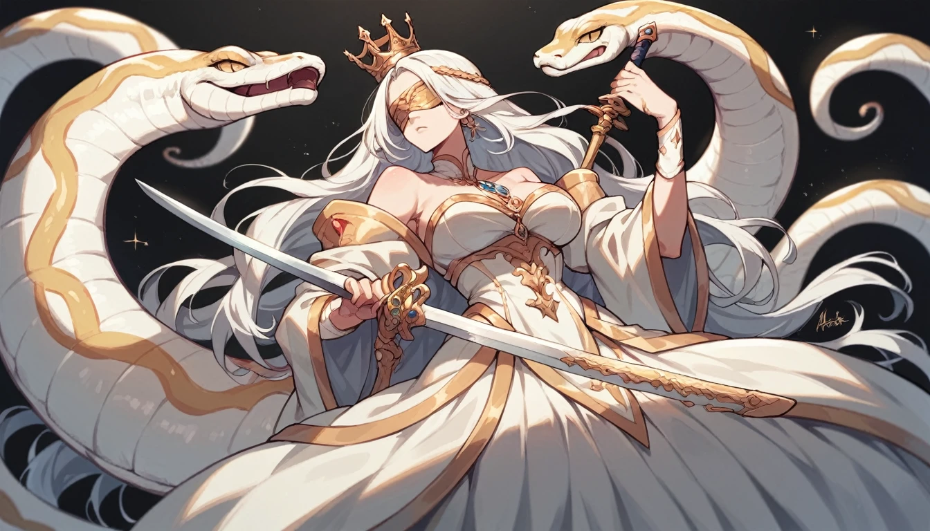 White Hair,Long Hair,Woman sitting on a white snake,Gold crown,Gold blindfold,Holding a sword,Royal Sword,White sword,White sheath,Luxurious sword,Woman surrounded by giant white snakes,Less exposure,Black background,high resolution,High resolution