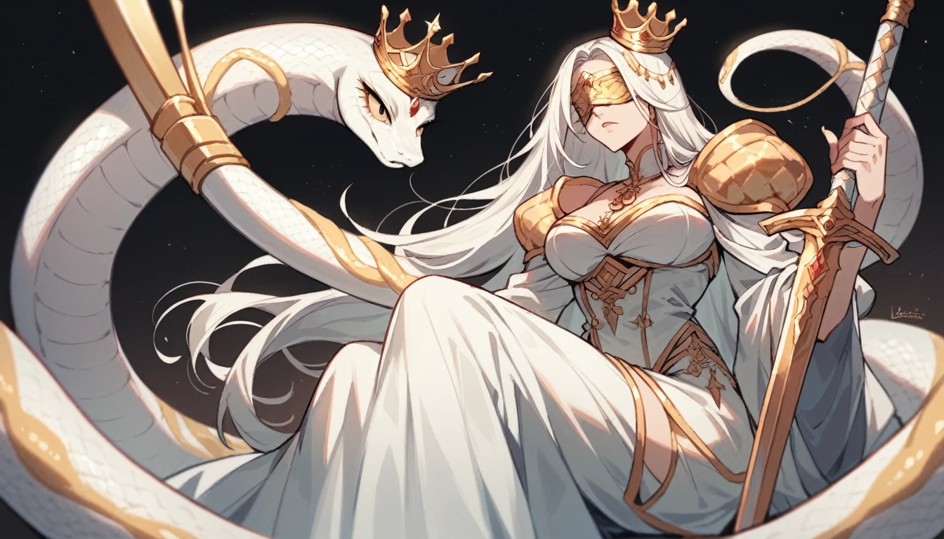 White Hair,Long Hair,Woman sitting on a white snake,Gold crown,Gold blindfold,Holding a sword,Royal Sword,White sword,White sheath,Luxurious sword,Woman surrounded by giant white snakes,Less exposure,Black background,high resolution,High resolution