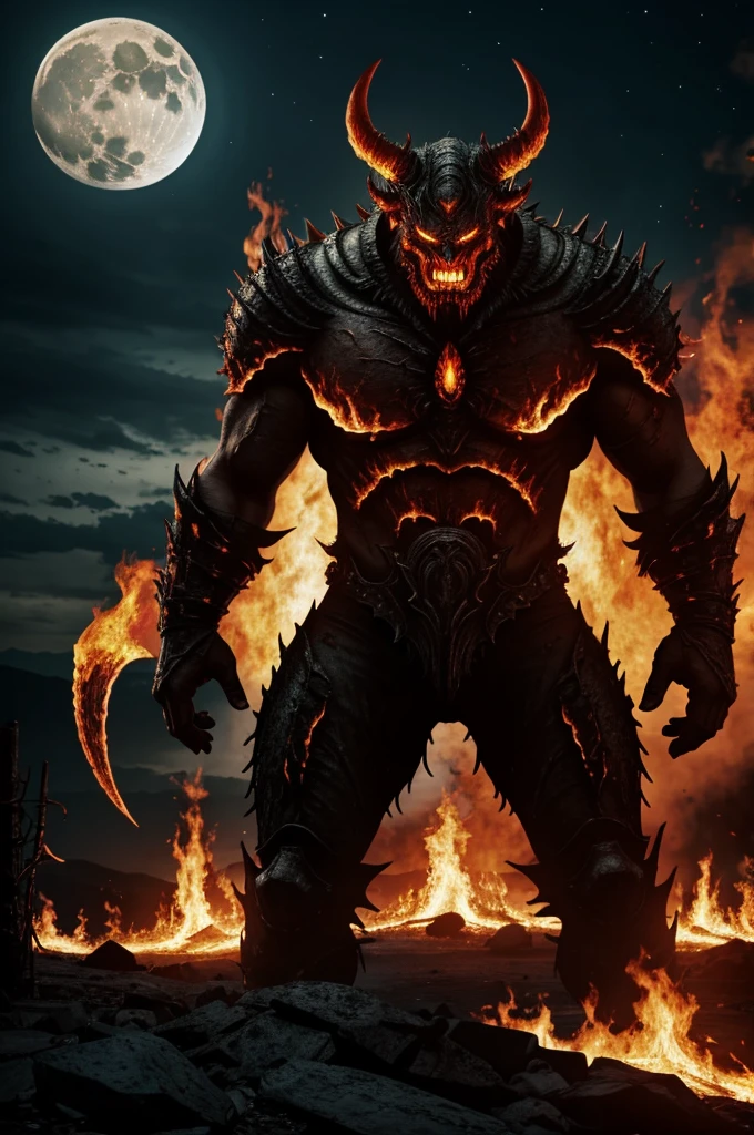 Best quality, best resolution, 4k, 8k, hdr, of a hellscape with crazy flames surroundings and big demon guy in the background and also some eerie moon and stuffs