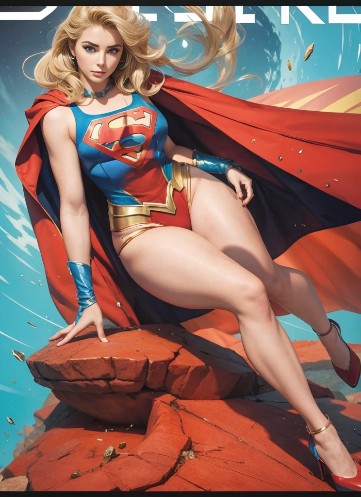 a girl, supergirl, top views, Young Elizabeth Taylor as Supergirl， blond，Long hair，Blue Eyes，Beautiful eyes，Expression，Lively expressions，Detailed facial description，Rich in details，Blue tight camisole，Red s logo on chest, huge breasts,  Nipple convexity,  Nipple bulges,Huge ass, big legs, plump body,Red triangle thong，High heel boots。Top of a skyscraper，Fly in the air，Rich in details