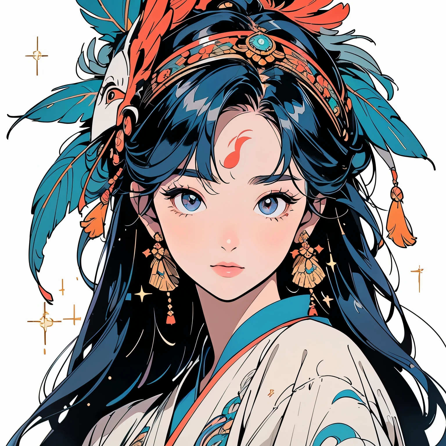 kimono, 完璧なkimono, 詳細なkimono, first-class, Super detailed, White background only, (((Super detailedな装飾))),One Woman, Perfect Face, Faint lighting, (((head shot))), Super detailedな髪、(((Sparkling Eyes))),mysterious, The wind is blowing, Apparition, Japanese style, Panorama, Long Shot, (((Narrow-eyed beauty))),(((Indian-style feather headdress on head))),Upper Body,(((Complex eye pattern)))、(((He wears an intricate bird-head mask on his head.)))、A beautiful woman、Detailed face、Best quality face、Large feather ornament,peacock feathers