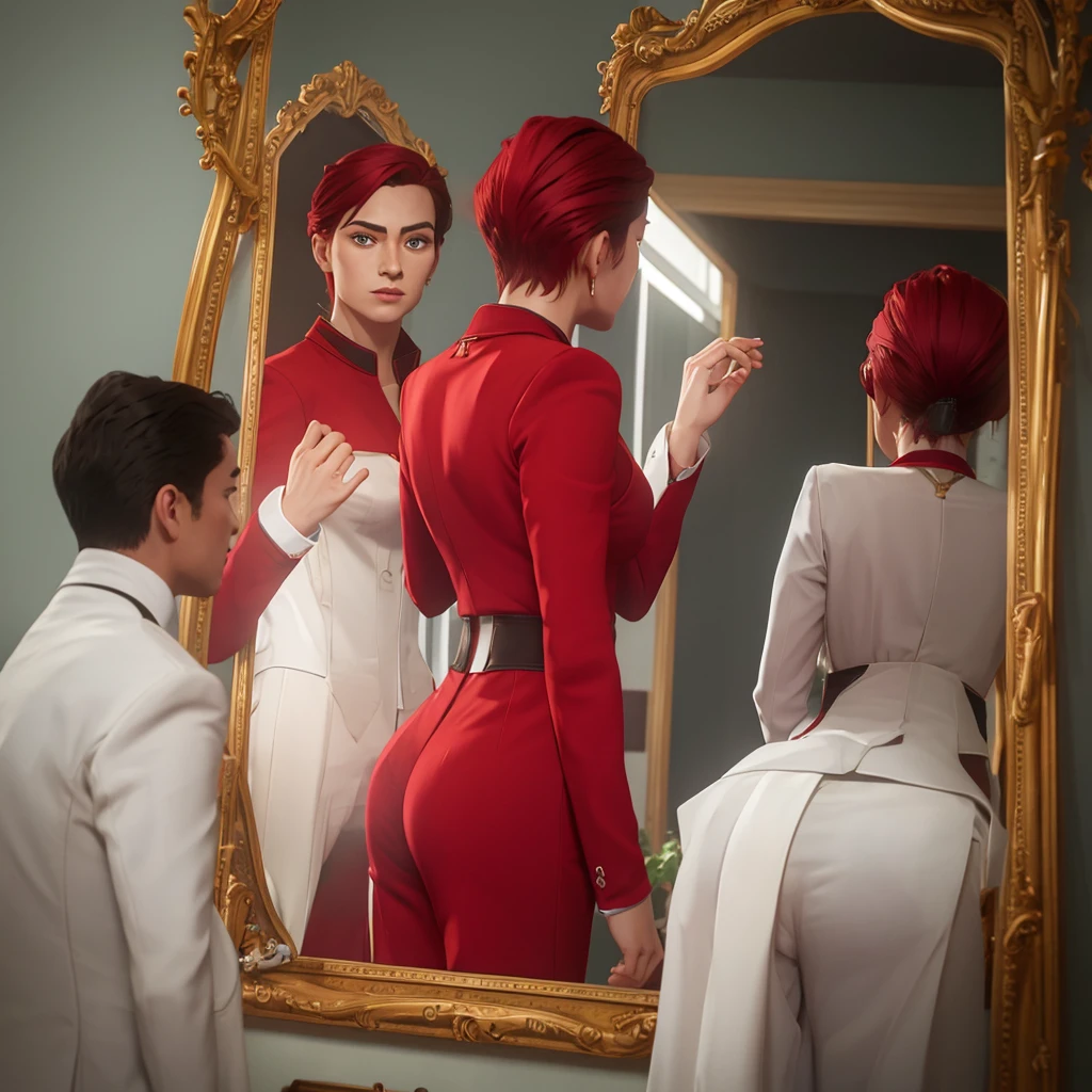 looking in the mirror,while reflected in a red suit