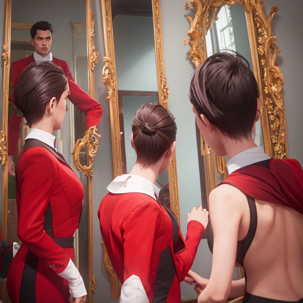 looking in the mirror,while reflected in a red suit