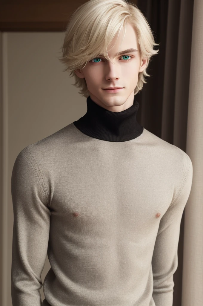 (best quality), 1boy, pale skin, black hair, medium hair, curtain hair, tousled hair, green eyes, perfect eyes, dark circles under eyes, tall, slender, handsome, strong jawline, lazy, light smile, attractive, turtleneck sweater, masterpiece, anatomically correct, highres
