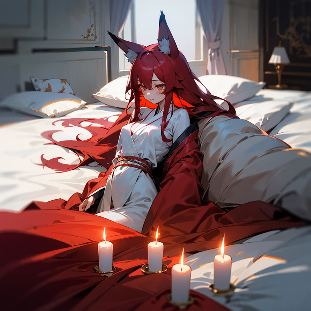 a black and red wolf female,furry with gold markings,long red hair,fangs,revealing dress,red eyes,attractive,seductive look,anthro,, on bed, rear in the air bending over, best quality,4k,8k,highres,masterpiece:1.2,ultra-detailed,realistic,photorealistic,photo-realistic:1.37,HDR,UHD,studio lighting,ultra-fine painting,sharp focus,physically-based rendering,extreme detail description,professional,vivid colors,bokeh,digital painting,concept art