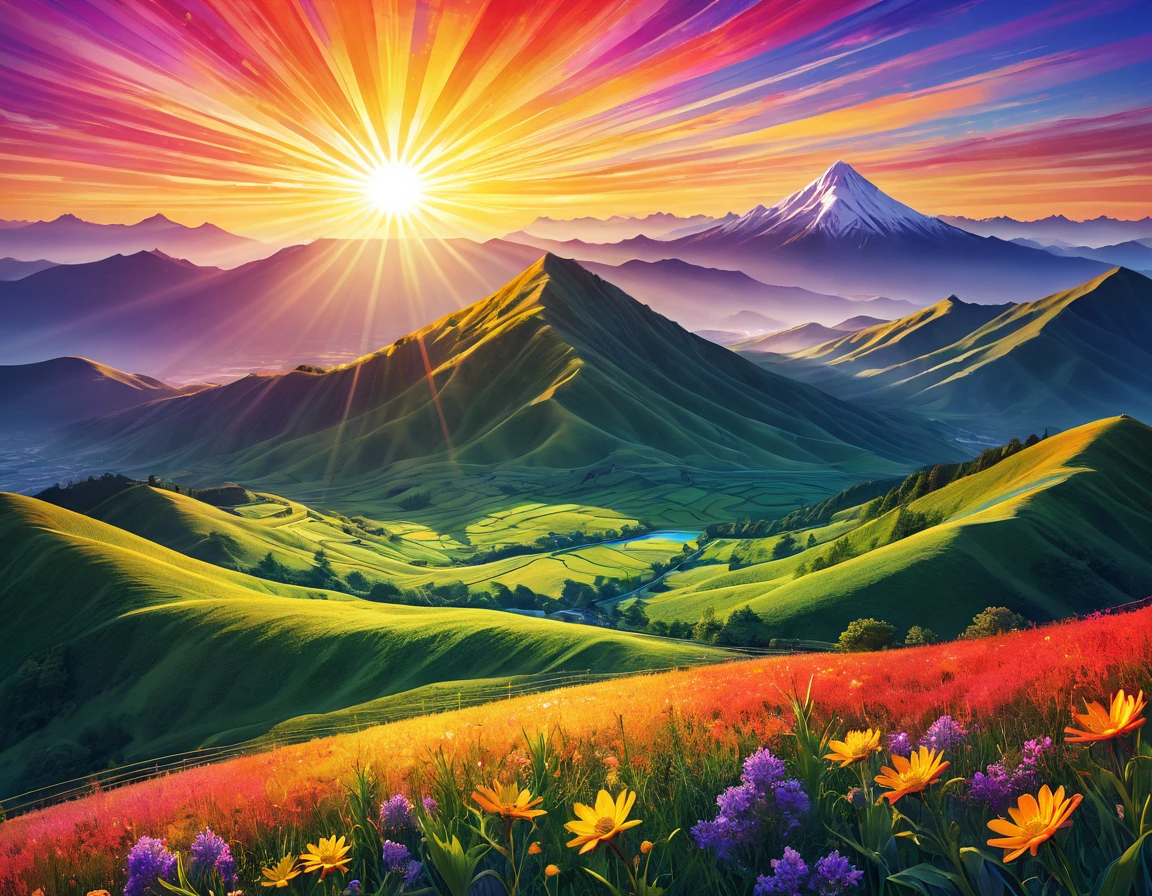 There are radial hills, Sunlight. Digital Illustration, sun在顶部, sunset illustration, Sunlight照进来, Mountains and colorful sunset!!, sun在两座山之间升起, sun光线, dreamlike sunraise, sunset psychedelic, a contemporary artistic collage, sun