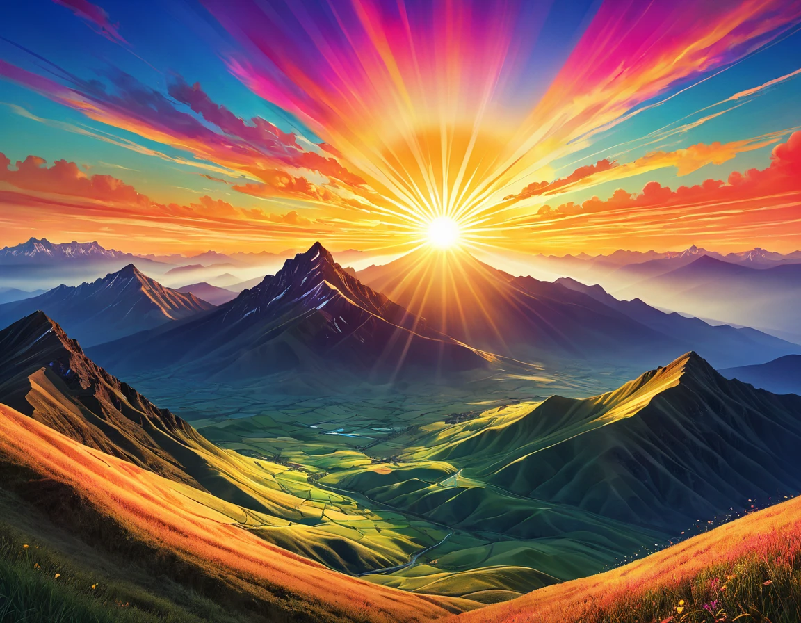 There are radial hills, Sunlight. Digital Illustration, sun在顶部, sunset illustration, Sunlight照进来, Mountains and colorful sunset!!, sun在两座山之间升起, sun光线, dreamlike sunraise, sunset psychedelic, a contemporary artistic collage, sun