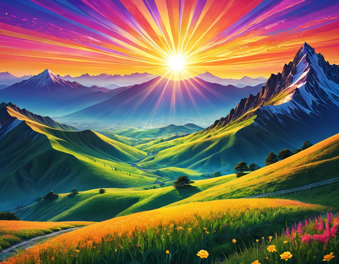 There are radial hills, Sunlight. Digital Illustration, sun在顶部, sunset illustration, Sunlight照进来, Mountains and colorful sunset!!, sun在两座山之间升起, sun光线, dreamlike sunraise, sunset psychedelic, a contemporary artistic collage, sun