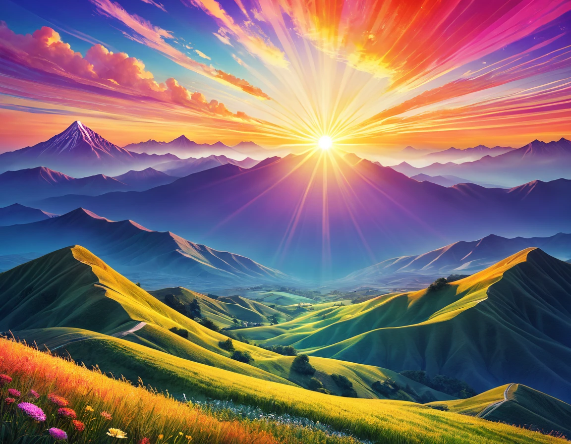 There are radial hills, Sunlight. Digital Illustration, sun在顶部, sunset illustration, Sunlight照进来, Mountains and colorful sunset!!, sun在两座山之间升起, sun光线, dreamlike sunraise, sunset psychedelic, a contemporary artistic collage, sun