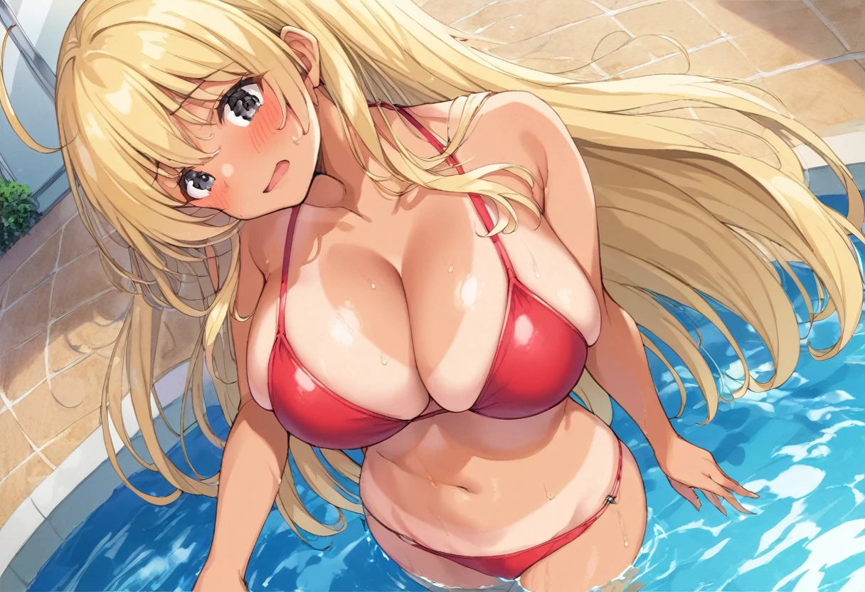 (I'm embarrassed and scream、close both eyes)、Poolside,blonde.Drooping eyes.black eye.(big breasts:1.3)、RED bikini、(((Completely naked)))、Anime style 、smilecoloring),blonde.Drooping eyes.black eye.big breasts,long hair、(one-piece tan:1.2), swimtan,