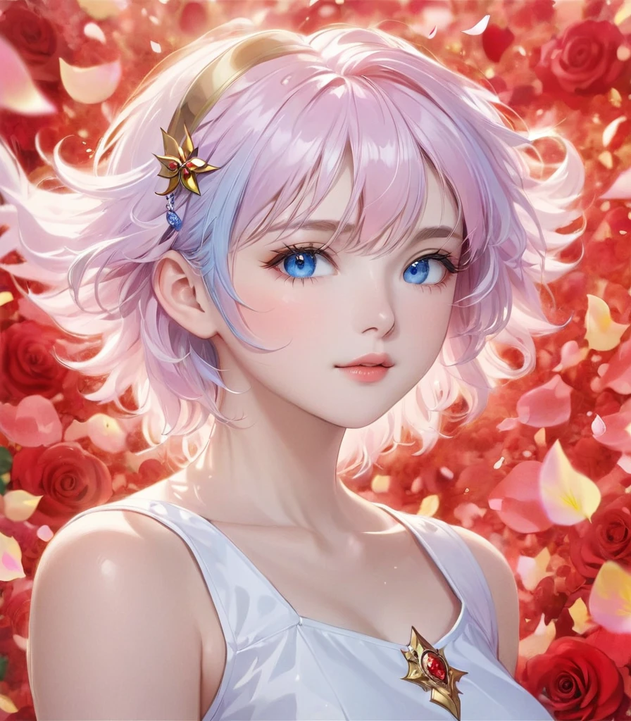 Anime girl with pink hair and blue eyes surrounded by rose petals, Portrait of a girl in the Knights of the Zodiac, Stunning Anime Face Portraits, Detailed digital anime art, Gwaiz, Beautiful anime portraits, 8k high quality detailed art, artwork in the style of Gwaiz, Inspired by Yanjun Chen, Smooth anime CG art, Yanjun Chent, Cute realistic portrait