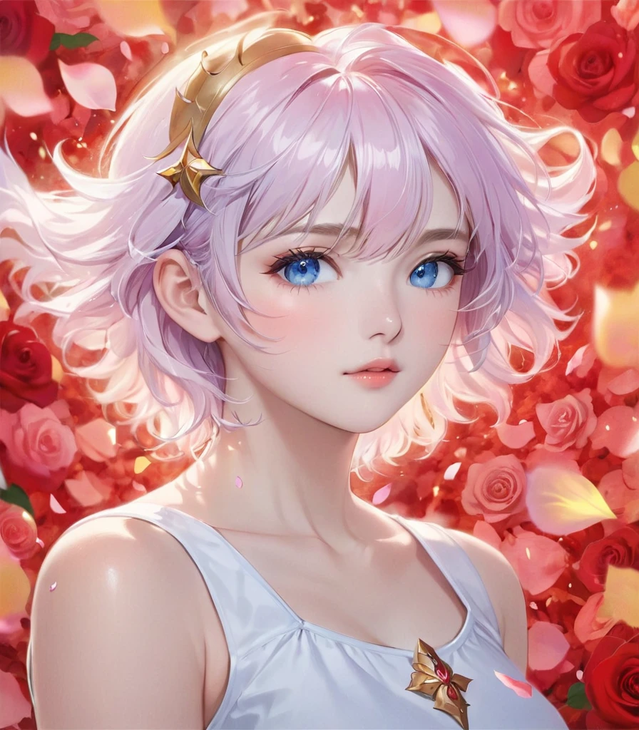 Anime girl with pink hair and blue eyes surrounded by rose petals, Portrait of a girl in the Knights of the Zodiac, Stunning Anime Face Portraits, Detailed digital anime art, Gwaiz, Beautiful anime portraits, 8k high quality detailed art, artwork in the style of Gwaiz, Inspired by Yanjun Chen, Smooth anime CG art, Yanjun Chent, Cute realistic portrait