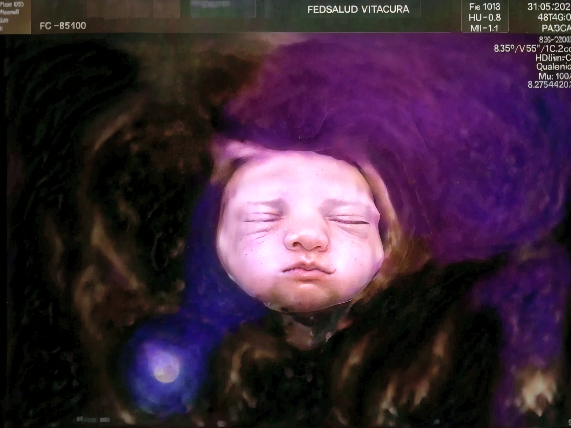 Enhance this 4D ultrasound image of a 34 weeks fetus. Arafed image of a baby's face, fetus, high-resolution scan, Very chromatic aberration, extremely high-quality scan, Hyper-realistic simulation, high-quality scan, Bump mapping, High-quality 3D realism, simetry! human fetus, Realistic flesh texture, Heavy JPEG artifact blurred, Highly realistic bump mapping, high-resolution scan. A close-up image of a head with an image of a 34 weeks fetus, high-resolution scan, high-resolution scan, Escaneo 4K, Escaneo 4K, Escaneo HD, fetus, Cerrar - IP shot, Tapa de pantalla, Medical imaging, Highly coherent image, Detailed analysis, screen capture, extremely high-quality scan, 8K scan, 8K scan, Detailed screen capture. face in profile. eyes closed