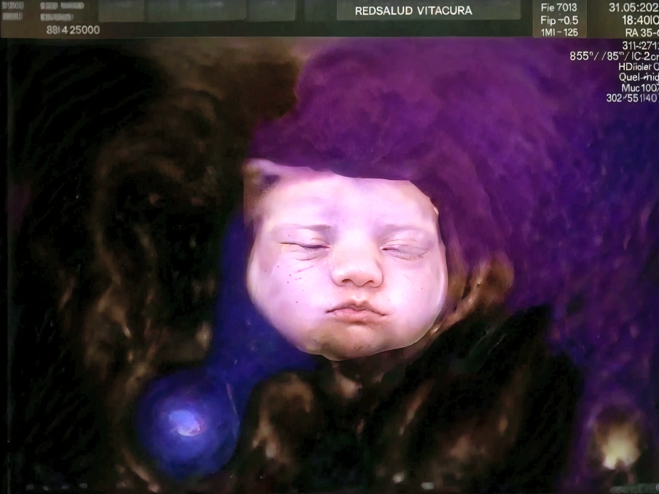 Enhance this 4D ultrasound image of a 34 weeks fetus. Arafed image of a baby's face, fetus, high-resolution scan, Very chromatic aberration, extremely high-quality scan, Hyper-realistic simulation, high-quality scan, Bump mapping, High-quality 3D realism, simetry! human fetus, Realistic flesh texture, Heavy JPEG artifact blurred, Highly realistic bump mapping, high-resolution scan. A close-up image of a head with an image of a 34 weeks fetus, high-resolution scan, high-resolution scan, Escaneo 4K, Escaneo 4K, Escaneo HD, fetus, Cerrar - IP shot, Tapa de pantalla, Medical imaging, Highly coherent image, Detailed analysis, screen capture, extremely high-quality scan, 8K scan, 8K scan, Detailed screen capture. face in profile. eyes closed