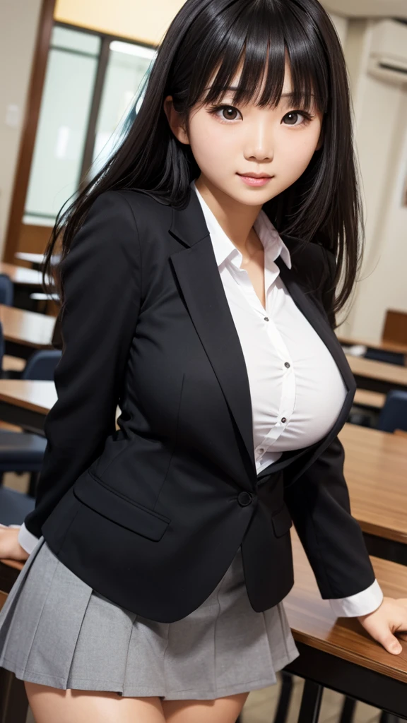 ((Tabletop)), (Detailed face), (highlight),　Asian Girl、Big breasts、thigh、Black Hair、Heavy bangs、high school girl、skirt、blazer、