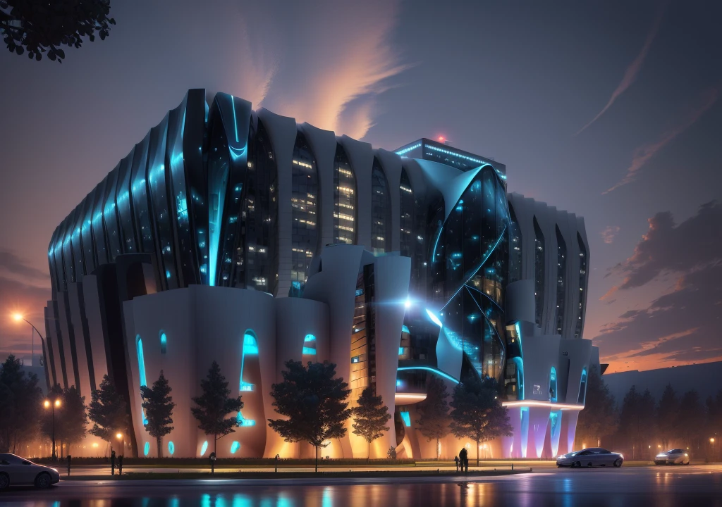 nighttime view of a modern building with a curved facade, sharp foccus ilustration hq, awe - inspiring award - winning, acclaimed masterpiece, wide angle exterior 2022, in style of zaha hadid architect, exterior shot, huge futuristic building, an award winning digital render, full - view, true realistic image, futuristic building, stunning high tech, sleek glass buildings