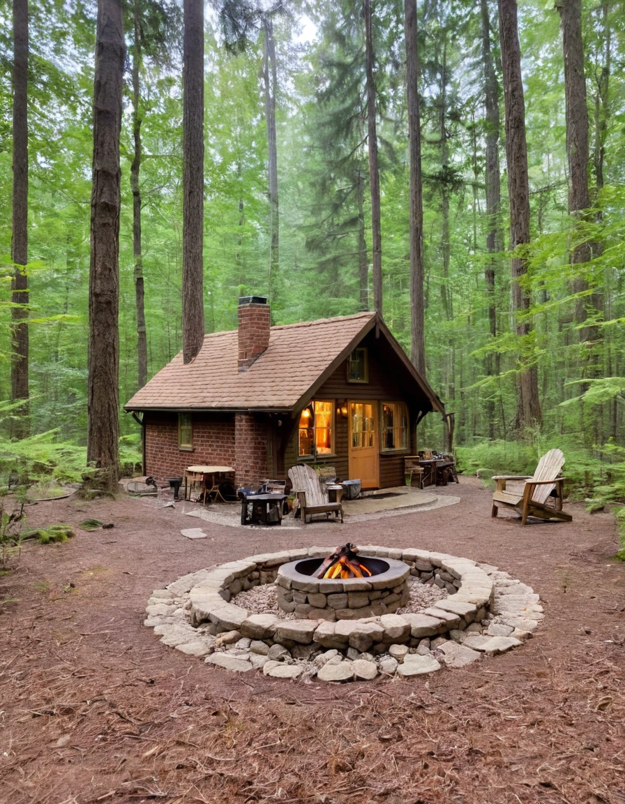 a small cabin with a fire pit in the woods, cottagecore, cottagecore hippie, cottagecore!!, cottage in the woods, cozy place, cottage in the forest, cabin in the woods, house in forest, nestled in a forest, cozy setting, cottage hippie naturalist, a brick cabin in the woods, cozy environment