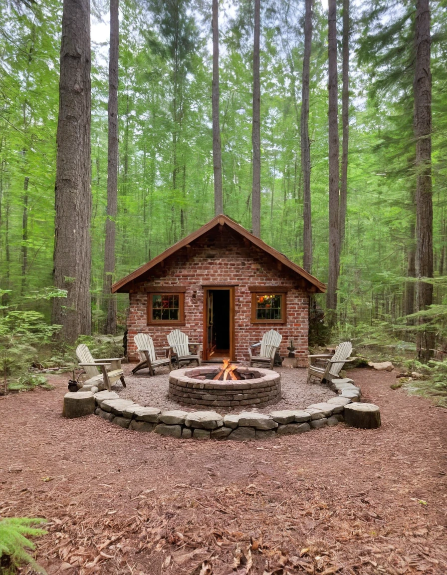 a small cabin with a fire pit in the woods, cottagecore, cottagecore hippie, cottagecore!!, cottage in the woods, cozy place, cottage in the forest, cabin in the woods, house in forest, nestled in a forest, cozy setting, cottage hippie naturalist, a brick cabin in the woods, cozy environment