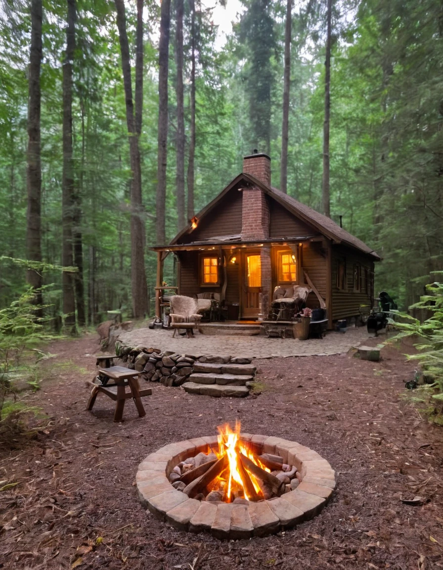 a small cabin with a fire pit in the woods, cottagecore, cottagecore hippie, cottagecore!!, cottage in the woods, cozy place, cottage in the forest, cabin in the woods, house in forest, nestled in a forest, cozy setting, cottage hippie naturalist, a brick cabin in the woods, cozy environment