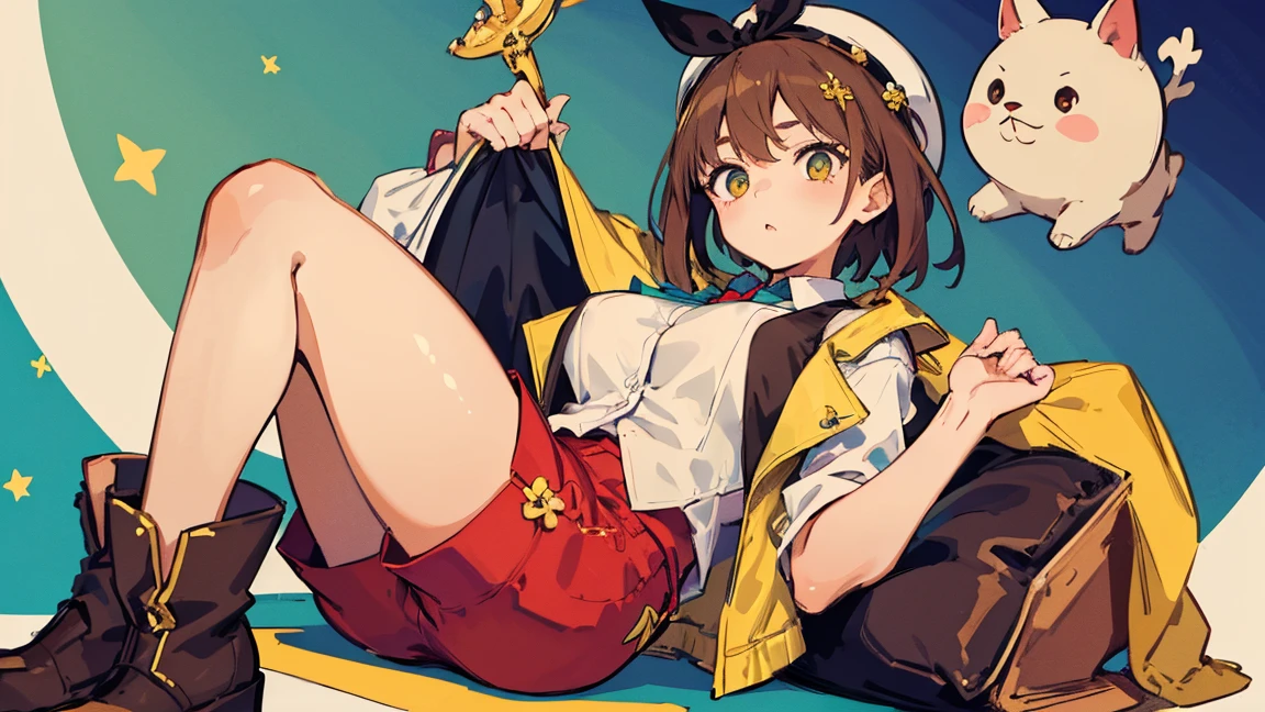 (Highest quality, 8K, masterpiece :1.3),Lizaリン・シュタウト(Lizaのアトリエ),Liza,Plump, One woman,Large Breasts,short hair,Brown Hair,hair band,Clothing,hat,White shirt,Yellow and white vest,Red shorts,Brown long boots,Big Ass,