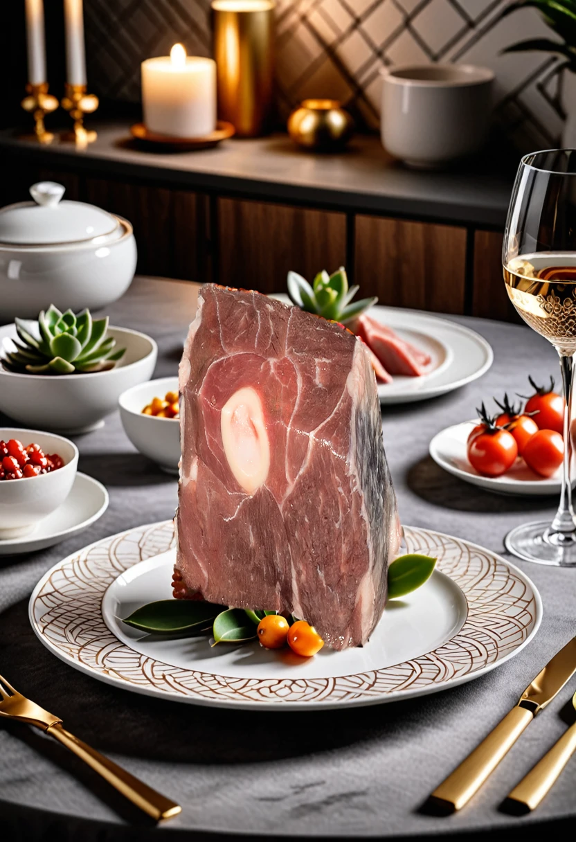 A succulent piece of meat is elegantly arranged on an exquisite white porcelain plate, The plate features delicate patterns that add a touch of sophistication to the presentation,Fahua porcelain plate,Close-up of details,Well-made porcelain plate,The porcelain plate has exquisite painting patterns on it,Dazzling light,the backdrop of a well-appointed modern kitchen. Elevation viewing angle,3D,8K,Color decoration,artwork