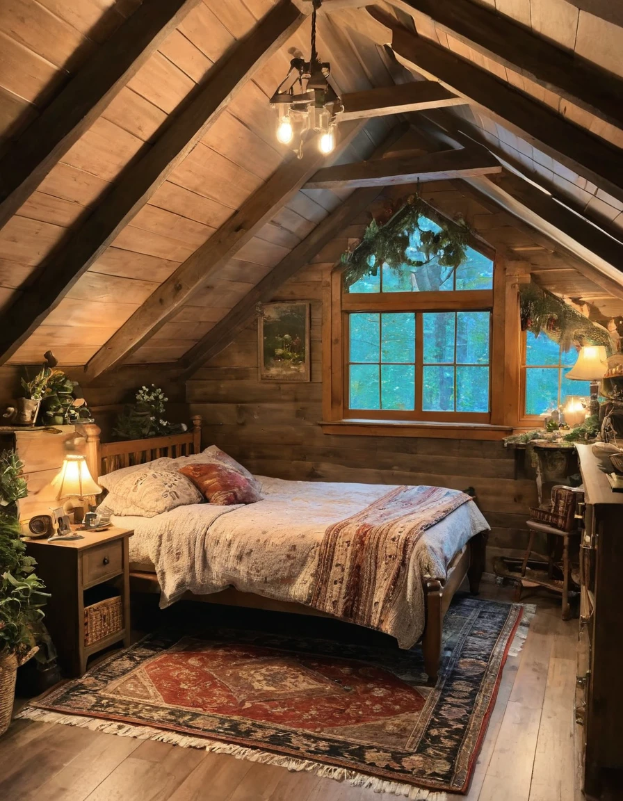bedroom with a bed and a rug in a small room, cozy room, cozy treehouse bedroom, small bedroom, cozy place, cozy bed, cottagecore hippie, thomas kinkade. cute cozy room, in an attic, cottagecore, cozy and peaceful atmosphere, pleasant cozy atmosphere, cottagecore!!, cabin in the woods