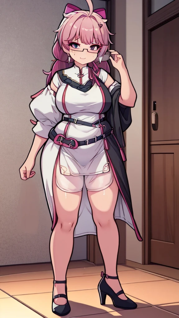 (Full body, glasses, detailed), An image of a girl with high heels. She has a smug face. (She's very sweaty and steamy)