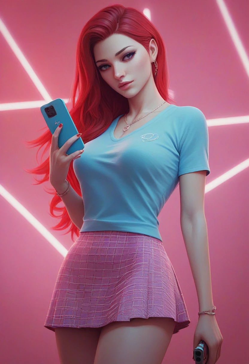 Beautiful girl in a skirt,with red hair,in neon background, with one pistol in his hands, 3D wallpaper for phone.