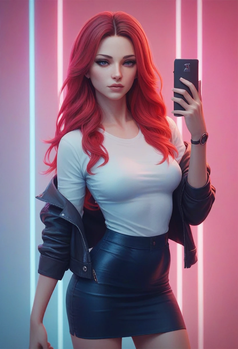 Beautiful girl in a skirt,with red hair,in neon background, with one pistol in his hands, 3D wallpaper for phone.