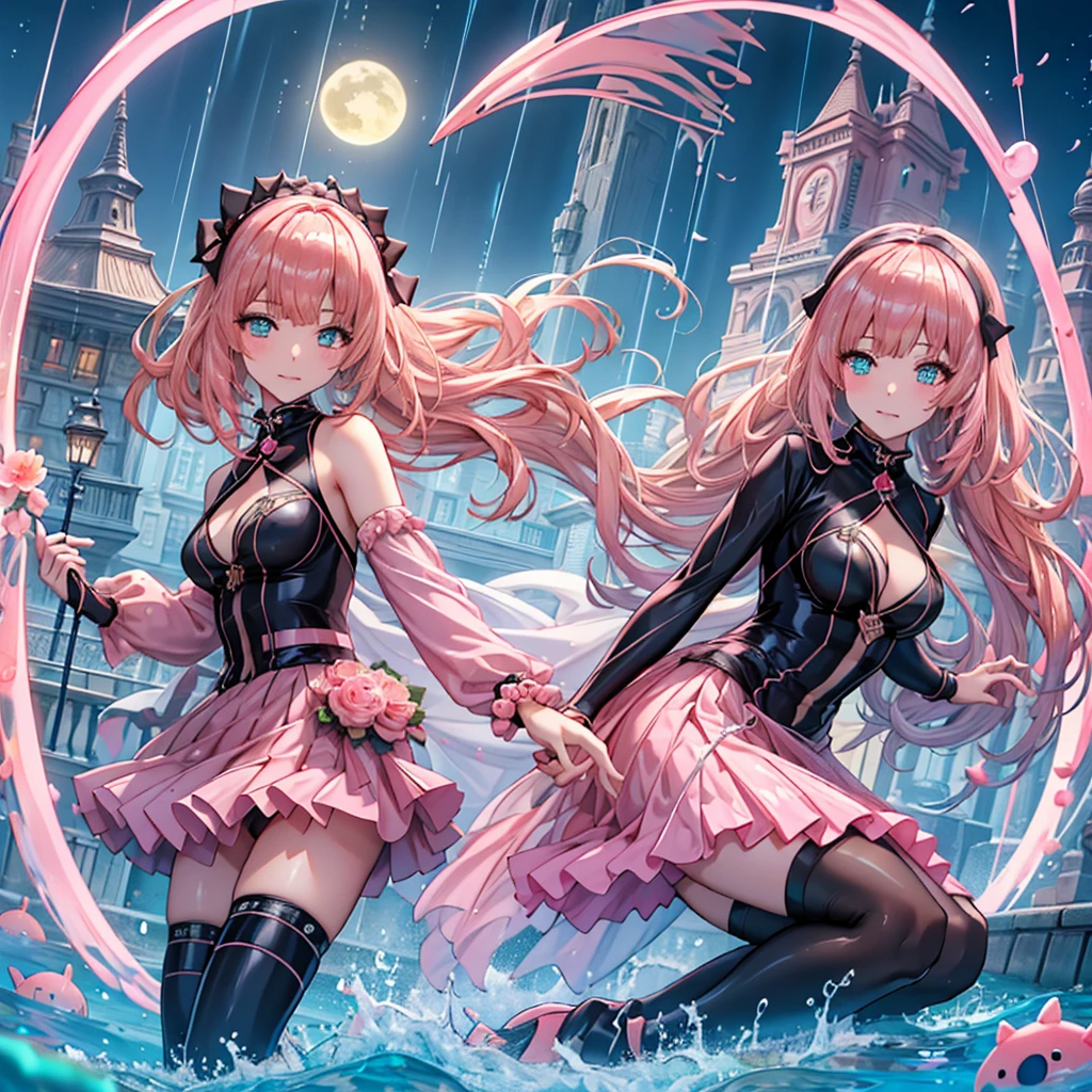 Smileんでいる Smile ,One beautiful girl ,Arms folded across chest ,cute仕草 ,Blonde Long Hair Gothic Style Super Curly Hair Super long sideburns Hot pink turtleneck wedding love dress Hand-drawn anime university student Pool at night Hanging eyes looking at the camera Ribbon headband Aqua blue rubber pool for children Aqua Blue Rubber Sheets Aqua Blue Rubber Bed Blushing Salmon pink berry long rubber skirt Salmon pink rubber tights Salmon pink rubber inner Rubber Glossy Cloth Metal luster Chest mesh Multiple ribbons Soaked in the rain Salmon pink super long glossy rubber gloves Wet and see-through salmon pink rubber pantyhose Wet and transparent shocking pink garter belt cute Pitiful clear Big eyes Droopy eyes Pale pink rouge Salmon pink long metallic boots Salmon pink rubber bodysuit パフスリーブのcuteラバーチュニック