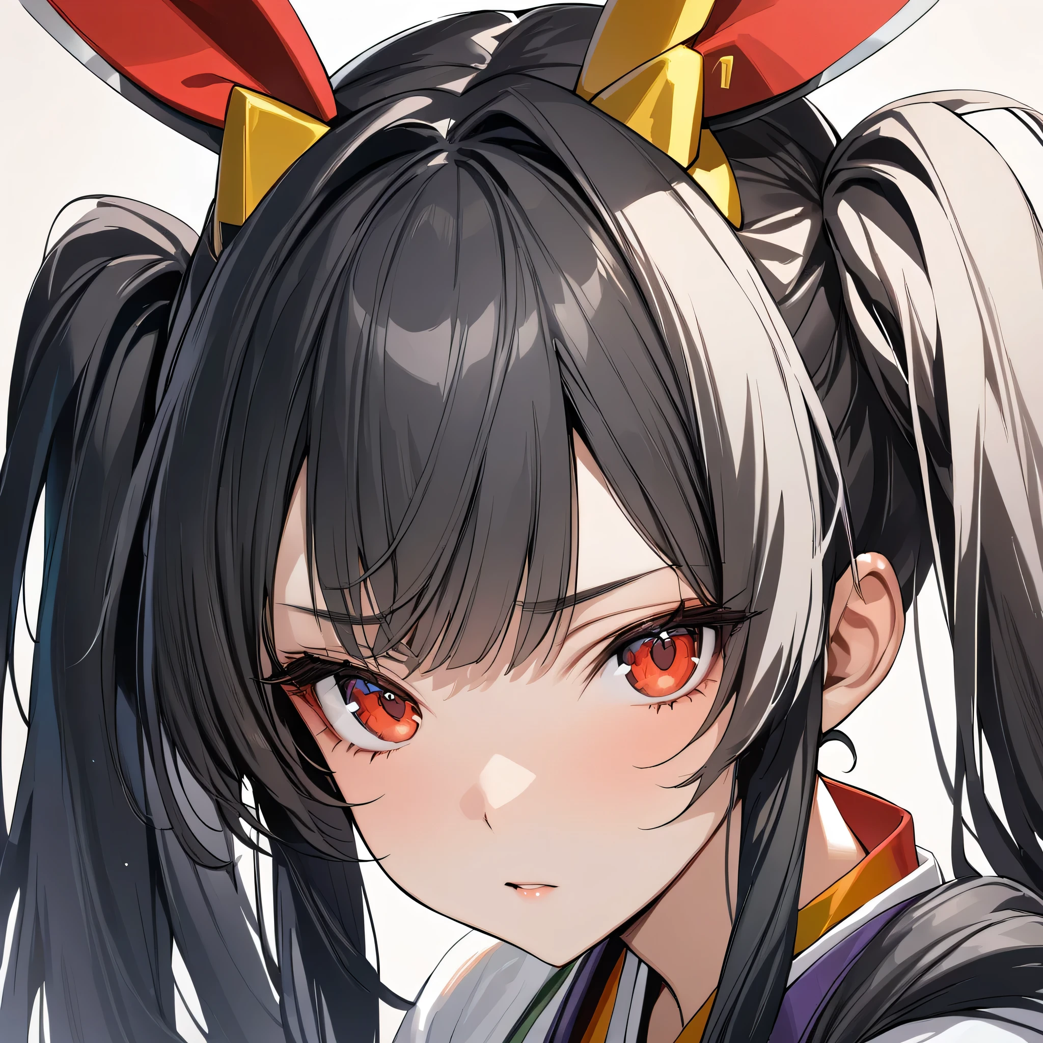 (masterpiece),(best quality),(ultra-detailed),(best illustration),(best shadow),(absurdres),(detailed background),(very aesthetic), kaguya(qbg), twintails, solo, long hair, black hair, very long hair, red eyes, japanese clothes, portrait, very close-up, 