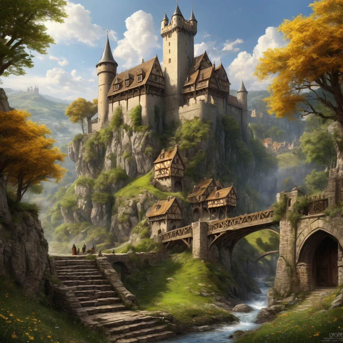 ((best quality)), ((masterpiece)), ((realistic,digital art)), (super detailed), (mine d'or), view from the ground, (style medieval fantasy)