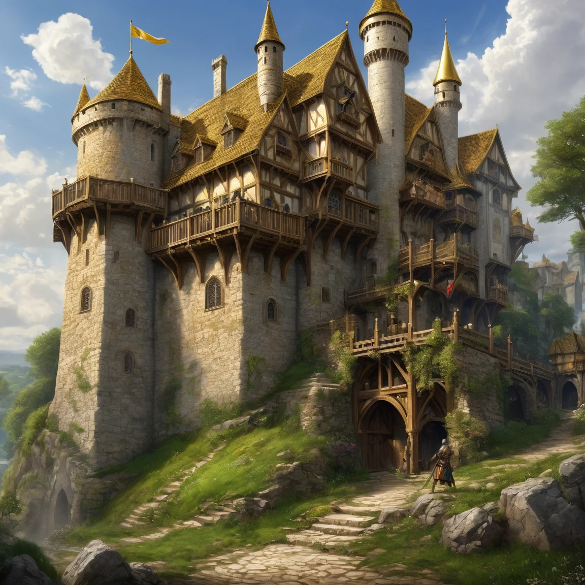 ((best quality)), ((masterpiece)), ((realistic,digital art)), (super detailed), (mine d'or), view from the ground, (style medieval fantasy)