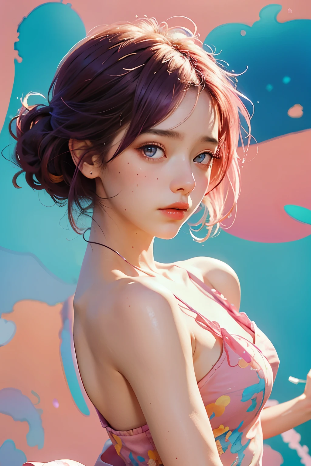 (8k, highest quality, masterpiece:1.2),(highest quality:1.0), (Ultra-high resolution:1.0), watercolor, Beautiful woman, shoulder, Hair Ribbon, Agnes Cecil, Half Body Portrait, Very bright and luminous design, pastel colour, (ink:1.3), Autumn Light,Dirty Body　Upper Body　Sweaty　Big Breasts　Expose　Fluid from nipples　Reverse Rape　Slimy　saliva　Urinating　Watching the audience　Attractive body　Muscular　lure　sweating