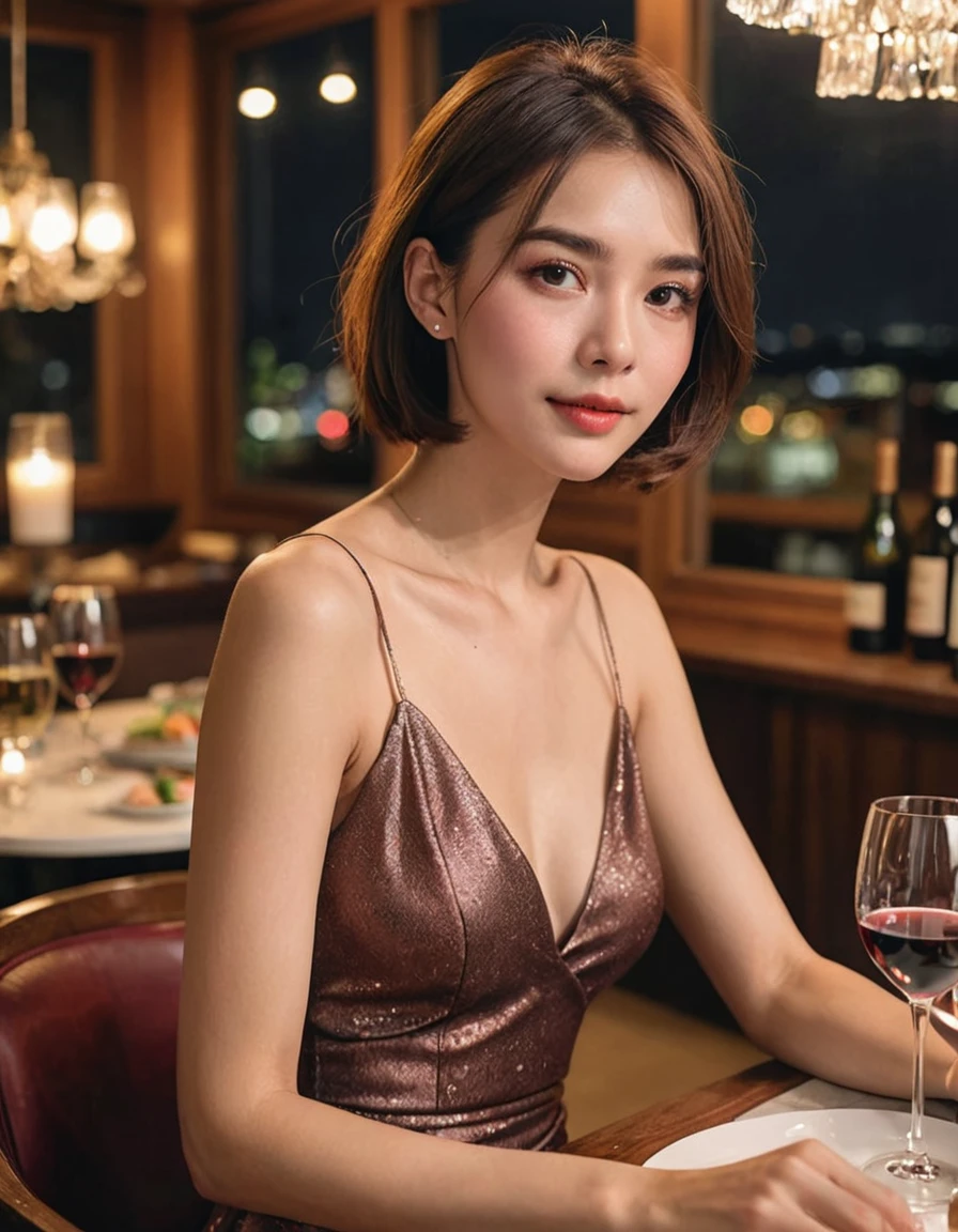 ((Highest quality、8K、masterpiece:1.3))、focus:1.2、Beautiful woman perfect body:1.4、fit body、((Bob Hale、Straight hair:1.2))、(to be born, Highest quality, masterpiece:1.5), (Realistic, Intricate details:1.2), Wine Glass on the Table、Shine light on your face、 Amazing view of the sunset city landscape、A bright smile、The beauty of wine, Beautiful Face, darrk brown eyes, Blushing, medium short hair, Bright skin、Appetizers、Italian food、Wine bottle、champagne、sparkling wine on the table, midi dress (Slim face), (The body is slim), (Brown Hair), (Shortcuts), Kodak film fine grain, High Contrast, back lighting ,Moist Body:1.5、detailed eyes、Brown Hair、shinny hair