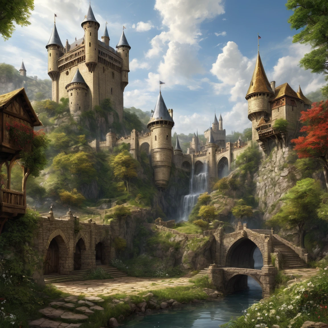 ((best quality)), ((masterpiece)), ((realistic,digital art)), (super detailed), (mine d'or), view from the ground, (style medieval fantasy)