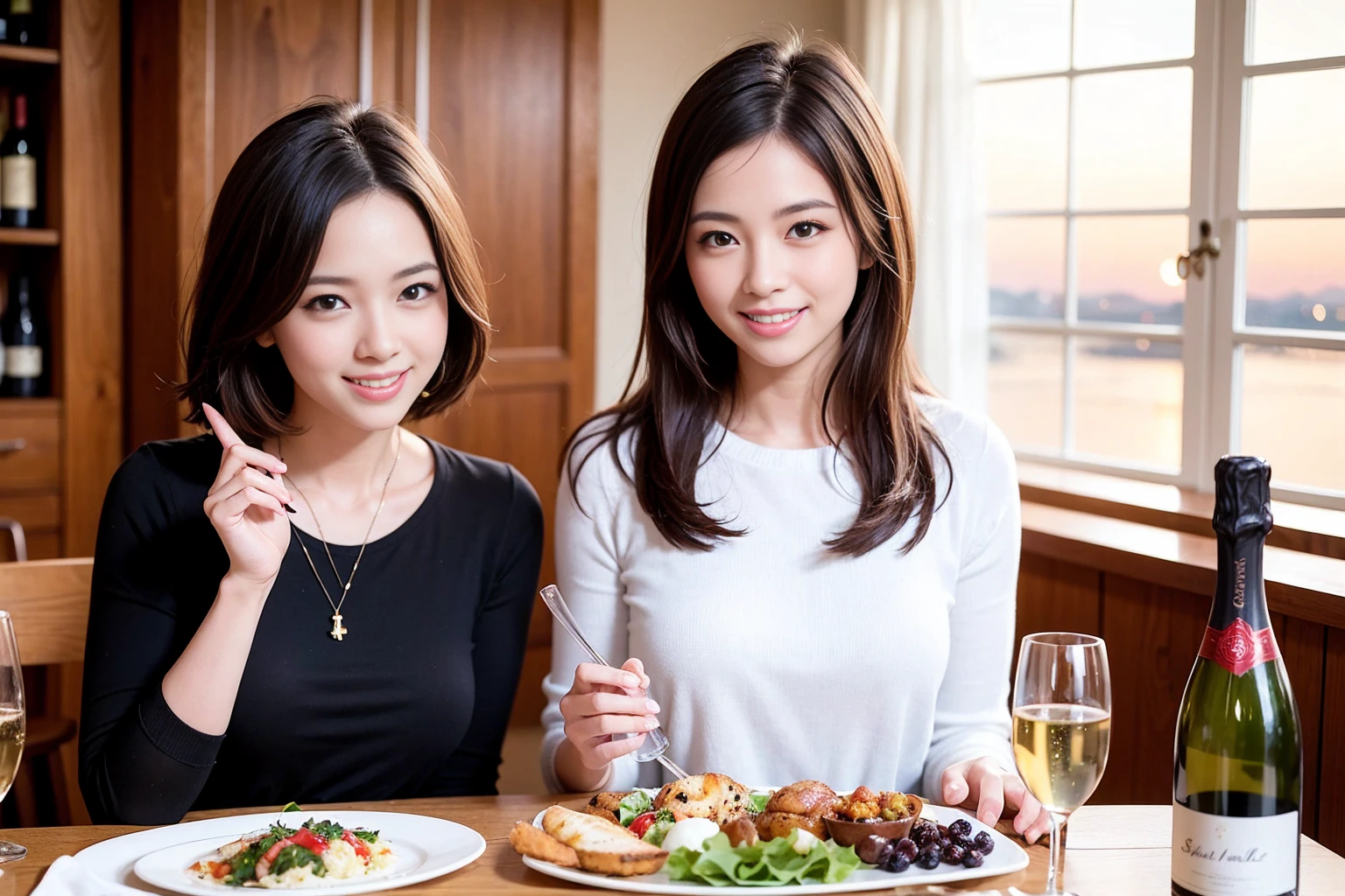 ((Highest quality、、masterpiece:1.3))、1 male 1 female、Slim Beauty、Beautiful couple、smile、full-course dinner、 (Slim face), (the body is スリム), (Brown Hair), (Shortcuts), ((Bob Hale、Straight hair:1.2)), テーブルの上のwine glass、Put the light on your face、 Amazing view of the sunset sky and clouds、smileの美しさ、Bright image、Blushing, Shortcuts, (43 years old), 39 years old, Appetizers、Italian food、Wine bottle、Champagne、sparkling wine、Long sleeve shirt、dress、Attractive beauty、restaurant, Nova Frog Style, actress, model, Upper Body, White wine, red wine, wine glass, 