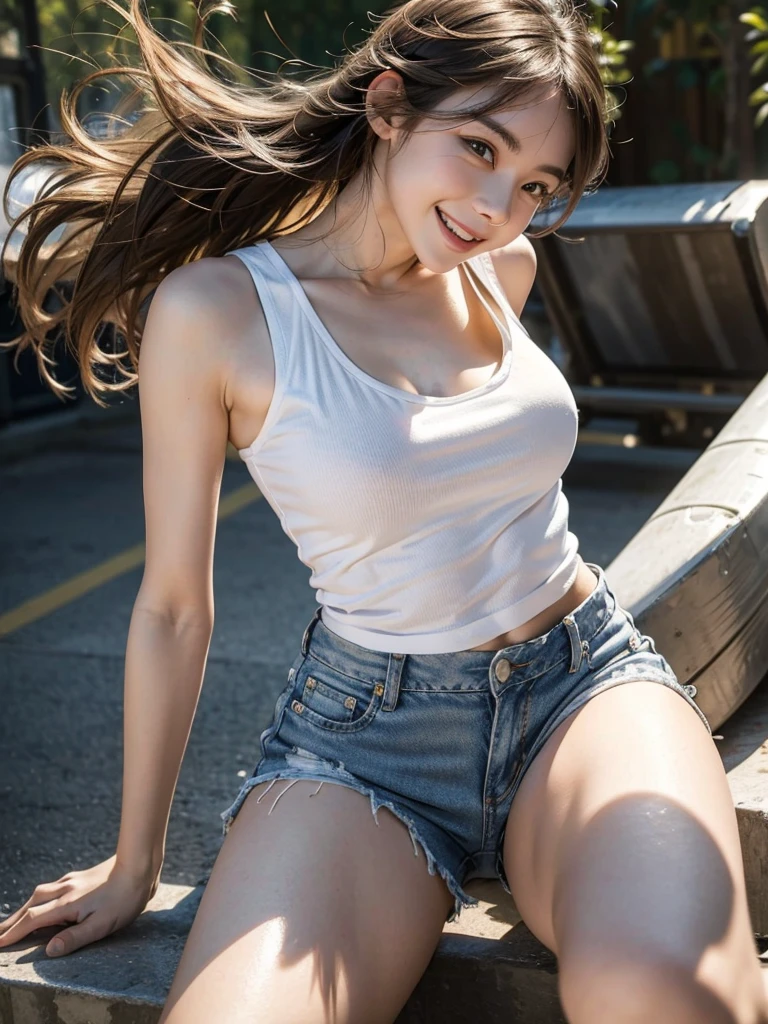 Wearing a white tank top，white jean shorts，Close-up of girl in canvas shoes fighting on battlefield，Full body close-up，Smile triumphantly