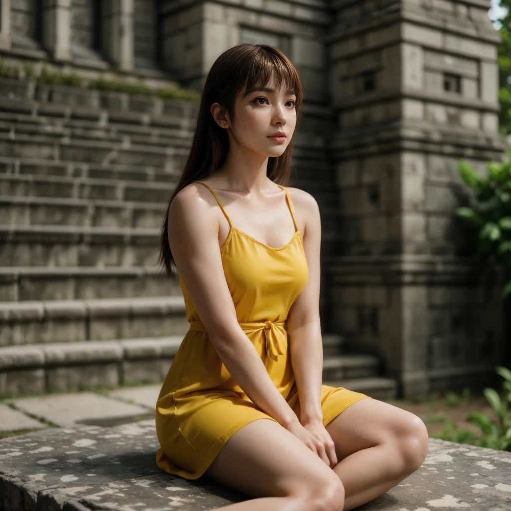 Kasumi, brown eyes, (best quality, ultra-detailed), (realistic:1.37), beautiful and detailed face, ultra-realistic texture, delicate face, delicate body, red lipstick, bright colors. High definition, 8K,