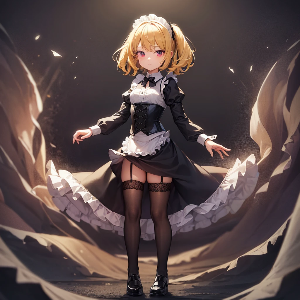 ((Maid)),Frills,corset,Cute little loli,Tiny Lori,Small girl,,Childish face, Very fine clean face,Top quality, Big eyes,Straight Hair,Yellow hair,Crimson Eye,(Dark Room), Subtle light, Natural light,Soft lighting,Light from directly behind, (Are standing), Cute pose, (Open your hands), Showing the whole body,Front view,Black background