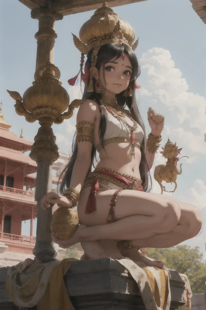 Indian temple, Indian girl on top of an eastern dragon