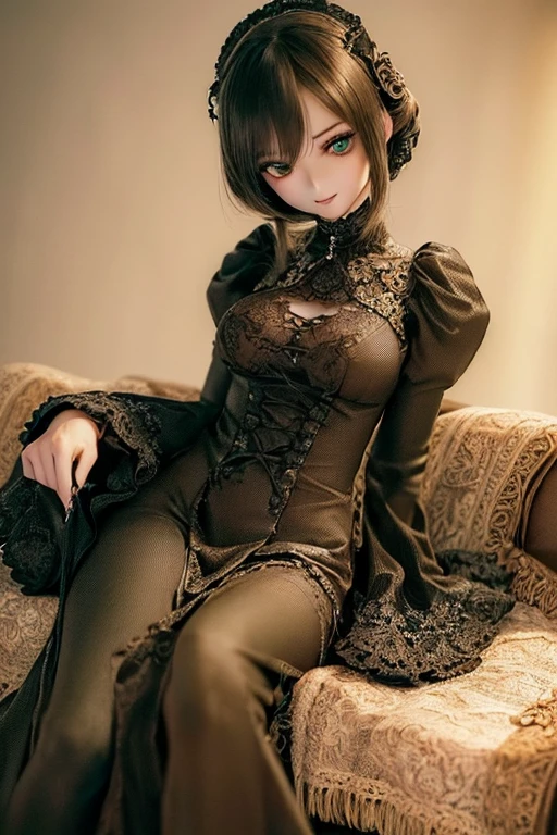 (SFW:2), photorealistic, realistic photo, ((highest quality)), ((masterpiece)), kukolnydom, doll, (mature woman:1.6), solo, ((eye level shot, sitting on sofa, reclining on sofa, skinny, slender, slim, brown hair, parted lips)), hairband, detailed face, green eyes, (looking above:1.3), (eyes out of focus, emotionless eyes, blank stare, empty eyes, detailed eyes, detailed face), dress, castle, 8k