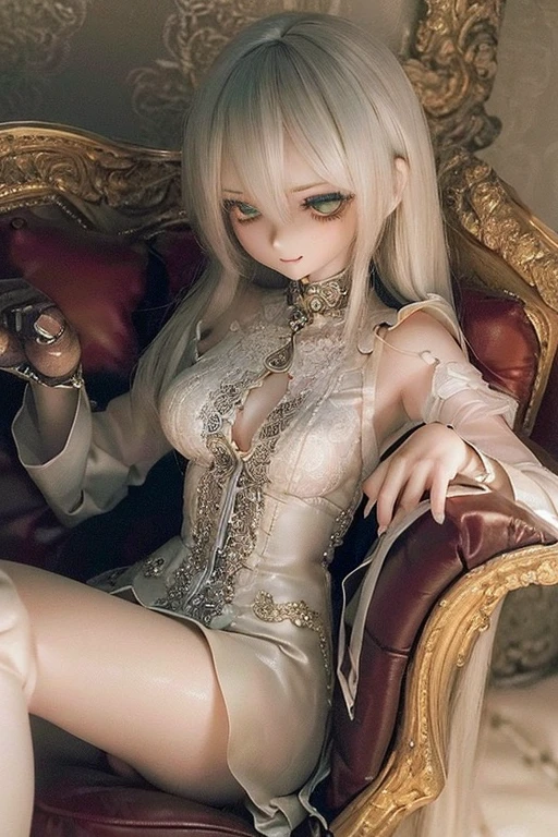 photorealistic, realistic photo, (sfw:2), ((highest quality)), ((masterpiece)), (extremely detailed), kukolnydom, doll, (mature woman:1.6) cowboy shot, solo, skinny, slender, medium breasts, sitting on sofa, green eyes, almond eyes, (reclining on sofa, looking away, blank eyes, empty eyes, detailed eyes:1.3), (light smile), dress, museum, 8k