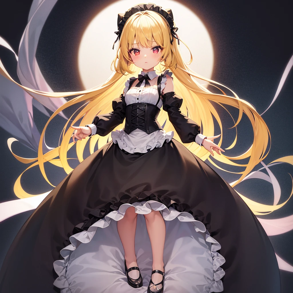 ((Maid)),Frills,corset,Cute little loli,Tiny Lori,Small girl,,Childish face, Very fine clean face,Top quality, Big eyes,Straight Hair,Yellow hair,Crimson Eye,(Dark Room), Subtle light, Natural light,Soft lighting,Light from directly behind, (Are standing), Cute pose, (Open your hands), Showing the whole body,Front view,Black background