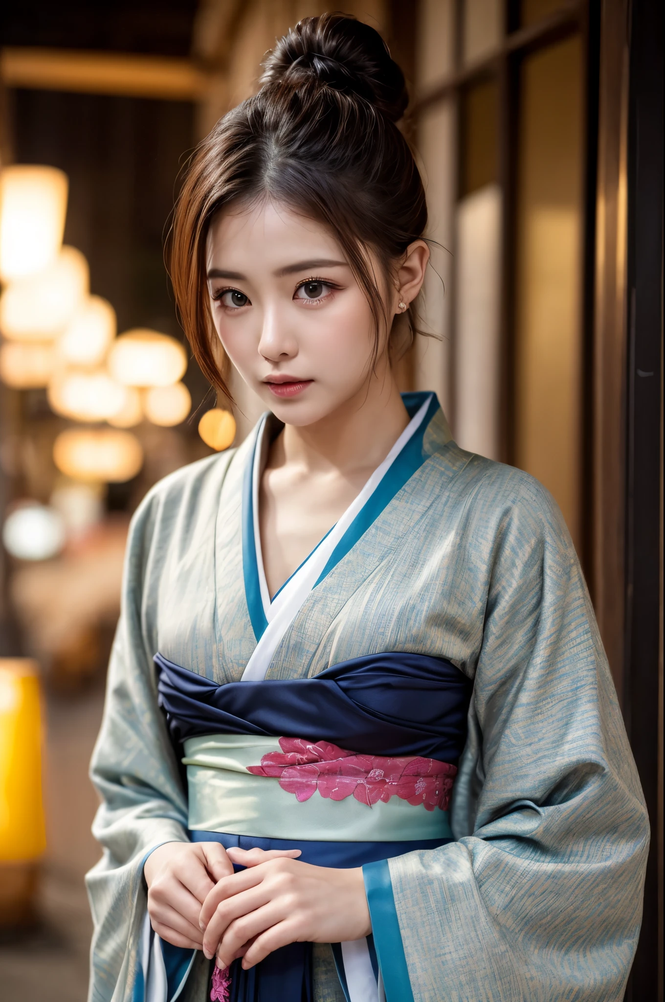 (((masterpiece))), (((Highest quality: 1.4))), ((Very detailed: 1.4)) , ulzzang-6500-v1.1, (RAW Photos:1.2), (Photorealistic), (Genuine:1.4), Sharp focus、Shot from the side、One girl, Beautiful and perfect face, One-Length Bob Cut, Japanese Clothing,kimono, 豪華なkimono、Beautiful long-sleeved kimono、Dazzling、Intricate details, Cinematic atmosphere, 8K, Very detailed, Sharp Eyes、