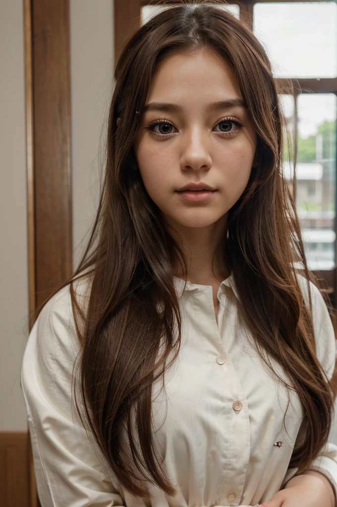 1girl,solo,, official art, unity 8k wallpaper, ultra detailed, beautiful and aesthetic, beautiful, masterpiece, best quality, A girl with long brown hair, has brown eyes with long eyelashes, her cheeks are natural red, she is wearing a sexy and open student uniform japanese