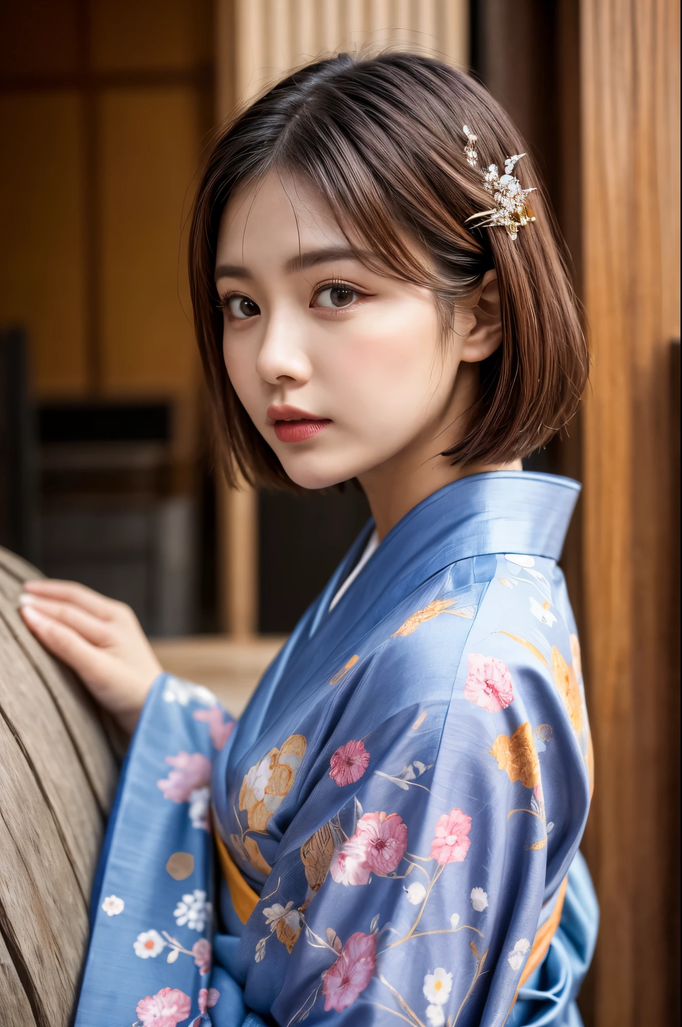 (((masterpiece))), (((Highest quality: 1.4))), ((Very detailed: 1.4)) , ulzzang-6500-v1.1, (RAW Photos:1.2), (Photorealistic), (Genuine:1.4), Sharp focus、Shot from the side、One girl, Beautiful and perfect face, One-Length Bob Cut, Japanese Clothing,kimono, 豪華なkimono、Beautiful long-sleeved kimono、Dazzling、Intricate details, Cinematic atmosphere, 8K, Very detailed, Sharp Eyes、