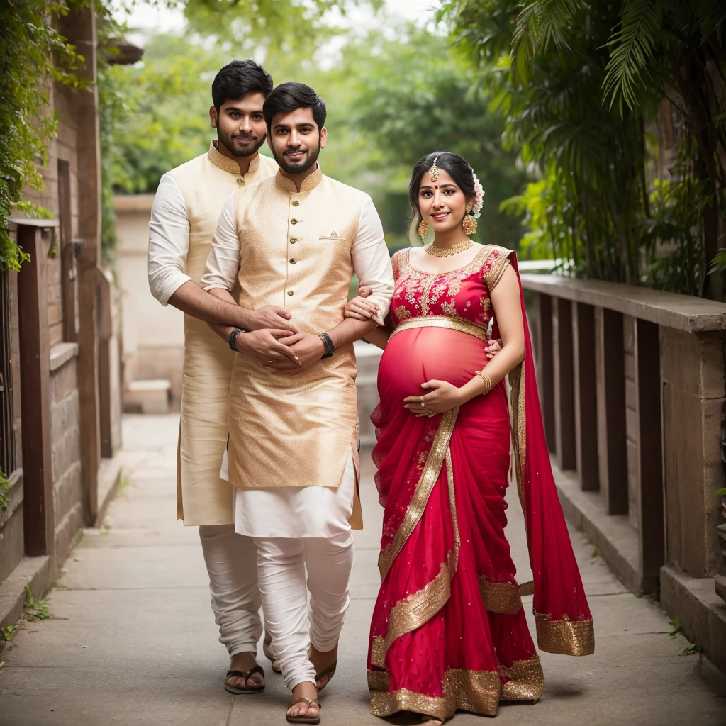 A beautiful pregnant woman and her husband, wearing indian dress