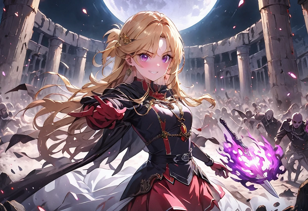 dark persona, Feeling dark energy, destroying, killing people, pile of corpses, at midnight, moon, ecstasy, looking at viewer, armor, fighting stance, happy, blush, evil grin, black leg armor, knight, long hair, octagonal yin yang mirror, purple eyes, audience, pillars of purple fire, 1 woman, black cape, runes, black dress, Ruined city, gold decoration, Summoning a dark sword, at midnight, gold hair, earring, chains, yin yang, red skirt, beautiful art, depth of field, high res, perfect face, detailed outfit